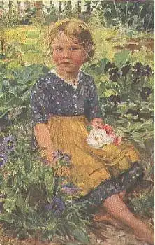 Robert Völcker, Kind auf blumiger Aue Künstlerkarte * ca. 1910