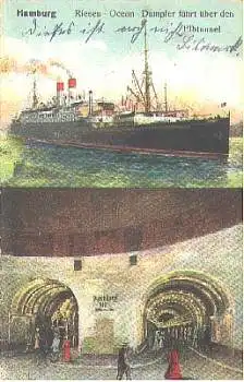 Ocean-Dampfer fährt über den Elbtunnel in Hamburg gebr. 1922