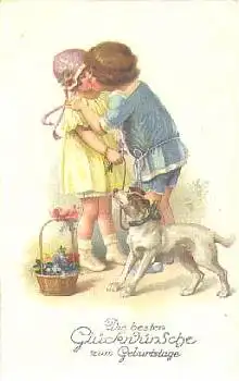 küssende Kinder mit Hund gebr. ca.1905