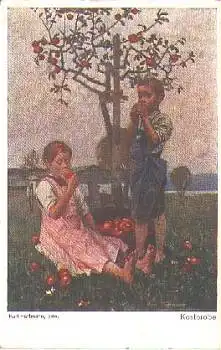Kinder mit Apfelbaum "Kostprobe" Künstlerkarte Karl Hartmann, o 27.1.1917