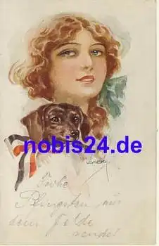 Dackel und Mädchen o 1917