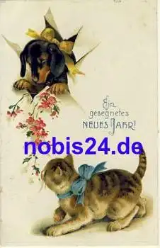 Dackel und Katze Neujahr Präge o 1916
