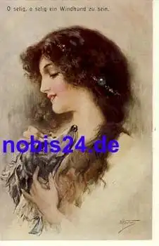 Dame mit Jagdhund Künstlerkarte *ca.1910