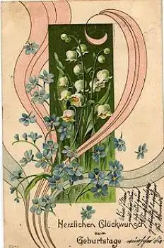 Maiglöckchen Vergissmeinnicht Jugenstil Prägekarte o 4.5.1904