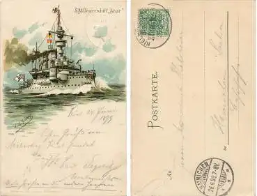 S.M. Panzerschiff Aegir DEutsche Marine Litho Künstlerkarte Siehl 25.6.1899 Bahnpoststempel Kiel-Flensburg Zug 12