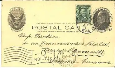 USA 1c Ganzsache  McKinley mit Zusatzfrankatur nach Chemnitz o 10.11.1906