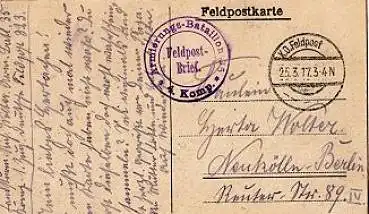 Feldpostkarte, Armierungs-Bataillon 25, 4. Kompanie o 25.3.1917