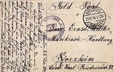 Karlsruhe Feldpost Reserve-Lazarett 5, o 23.12.1914