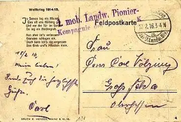 Feldpostkarte 1.mob. Landwehr-Pionier-Kompagnie o 17.2.1916