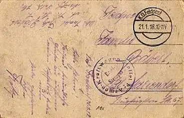 Feldpostkarte Armee-Kraftwagen-Staffel o 21.01.1918