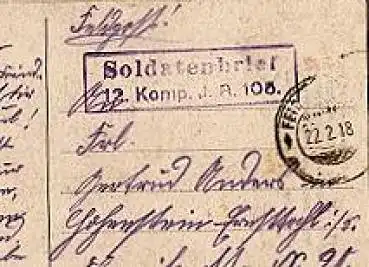Feldpostkarte 12. Komanie Infanterie-Regiment Nr. 105, o 22.2.1918