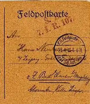 7. Infanterie-Regiment Nr. 107 Feldpostkarte o 25.4.1916