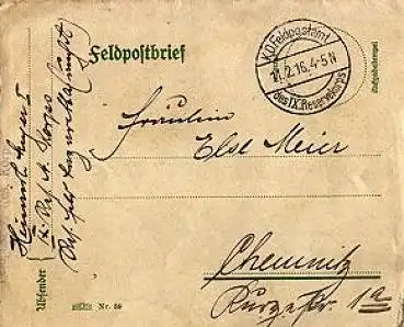 Feldpostbrief K. D. Feldpostamt des 9. Reservekoprs o 11.02.1916