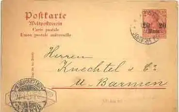Deutsche Post in der Türkei Ganzsache 20 Para a. Germania o Smyrna 13.8.1907 nach Wuppertal Barmen