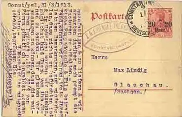 Deutsche Post in der Türkei Ganzsache 20 Para o Constantinopel 1.4.1913 mit Wasserzeichen