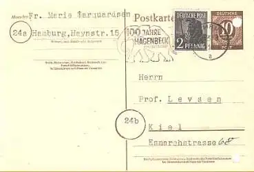 Ganzsache 10 Pfennig mit Zusatzfrankatur und Werbestempel Tierpark Hagenbeck o 8.3.1948