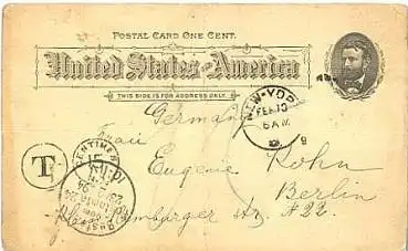 New York Ganzsache mit Tax Stempel o 10.2.1894 nach Berlin Erh.III