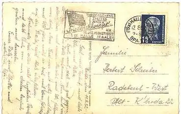 Werbestempel "FDJ Friedenskämpfer" o Halle 12.8.1952