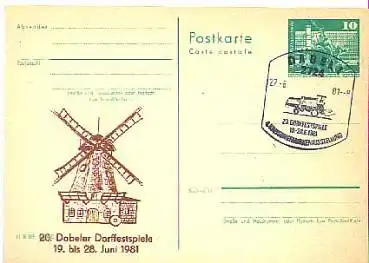 DDR Ganzsache mit Privatzudruck 20. Dabeler Dorffestspiele 1981 mit Sonderstempel