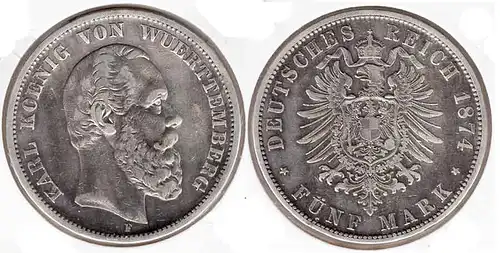 Jäger 173 - 5 Mark 1874 Württemberg Karl Erhaltung!