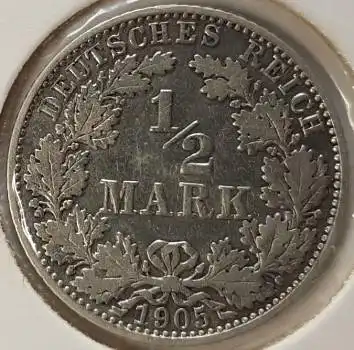 1/2 Mark 1905 E Kaiserreich Silbermünze