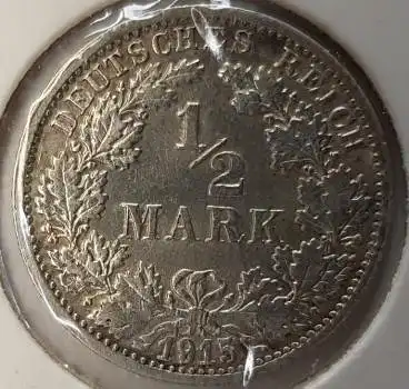 1/2 Mark 1915 F vz-stgl Deutsches Reich Silbermünze