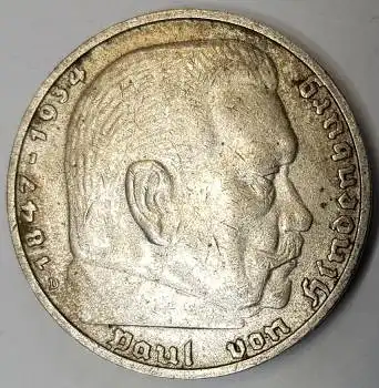 Jäger 0360 - 5 Reichsmark 1935 D Hindenburg Silbermünze