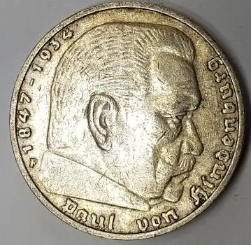 Jäger 0360 - 5 Reichsmark 1935 F Hindenburg Silbermünze