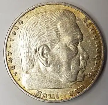 Jäger 0360 - 5 Reichsmark 1936 A Hindenburg Silbermünze