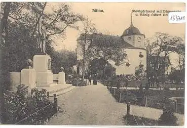 02763 Zittau, Stadtgärtnerei mit Blumenuhr und König Albert Denkmal o 25.7.1914