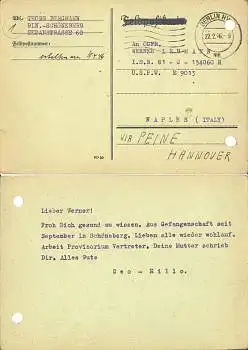 Kriegsgefangenenkarte nach US-Lager Naples Italien o 22.2.1946