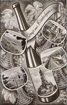 65385 Rüdesheim Weinflasche Weinglas * ca. 1950