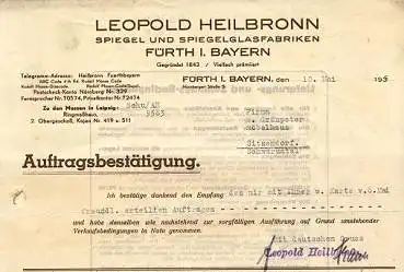 90762 Fürth Leopold Heilbronn, Spiegelglasfabriken Briefkopf 10.05.1935