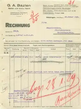 72555 Metzingen Bazlen Seifen- u. Chem. Fabrik Rechnung 22.1.1929