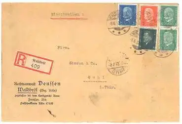 Waldbröl 409 R-Brief mit Hindenburg frankiert RS Klebereste