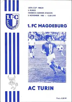 1.FC Magdeburg vs. AC Turin Fußball Programmheft UEFA-Cup 5.11.1980