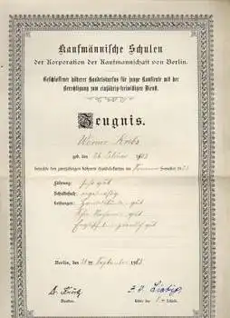 Zeugnis der kaufmännischen Schulen zu Berlin 1923