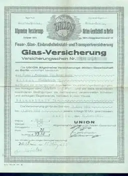 15745 Wildau Union Versicherungsgesellschaft Berlin Glas Versicherungsschein 1925