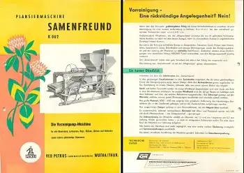 Plansiebmaschine Samenfreund K062 Landwirtschaft Werbeprospekt A4 VEB Retkus Wutha 1959