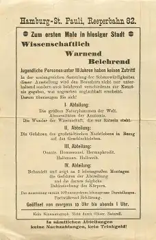 St. Pauli Hamburg Reeperbahn 82 Werbezettel für Ausstellung 1935