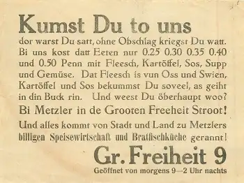 Hamburg Sankt Pauli Grosse Freiheit 9 Werbezettel für Metzlers Restaurant 1935