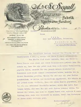 Kreuzberg Berlin Kommandantenstrasse 20 Pelzwarenfabrik Rauchwarenhandlung A & S Segall Briefkopf mit Löwe 1926