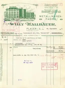 Plauen Vogtländische Metallwaren Fabrik Willy Hallbauer Briefkopf mit Fabrikansicht 1936