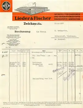 Zwickau Gardienen Weberei Lieder & Fischer Briefkopf mit Fabrikansicht 1937