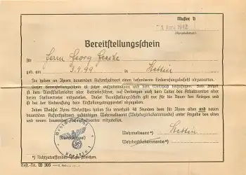 Stettin Wehrmeldeamt 1.4.1941 Bereitstellungsschein