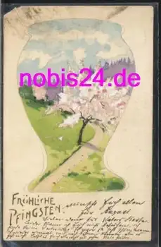 Pfingsten Vase mit Landschaft handgemalte Künstlerkarte o 17.5.1902