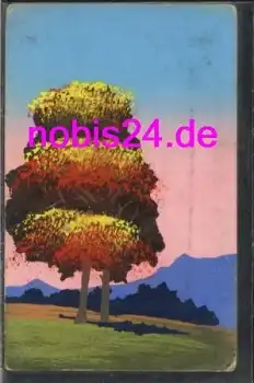 Bäume am Berg handgemalte Künstlerkarte *ca.1930