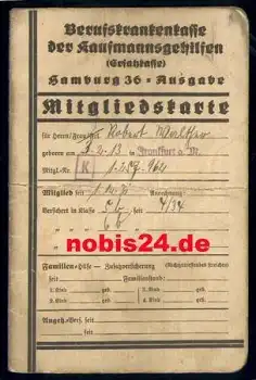 Mitgliedskarte Berufskrankenkasse der Kaufmannsgehilfen 1935