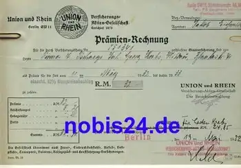 Versicherung Union und Rhein Prämien Rechnung 1932