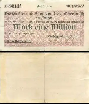 Städte und Staatsbank der Oberlausitz in Zittau 1 Million Mark 1923